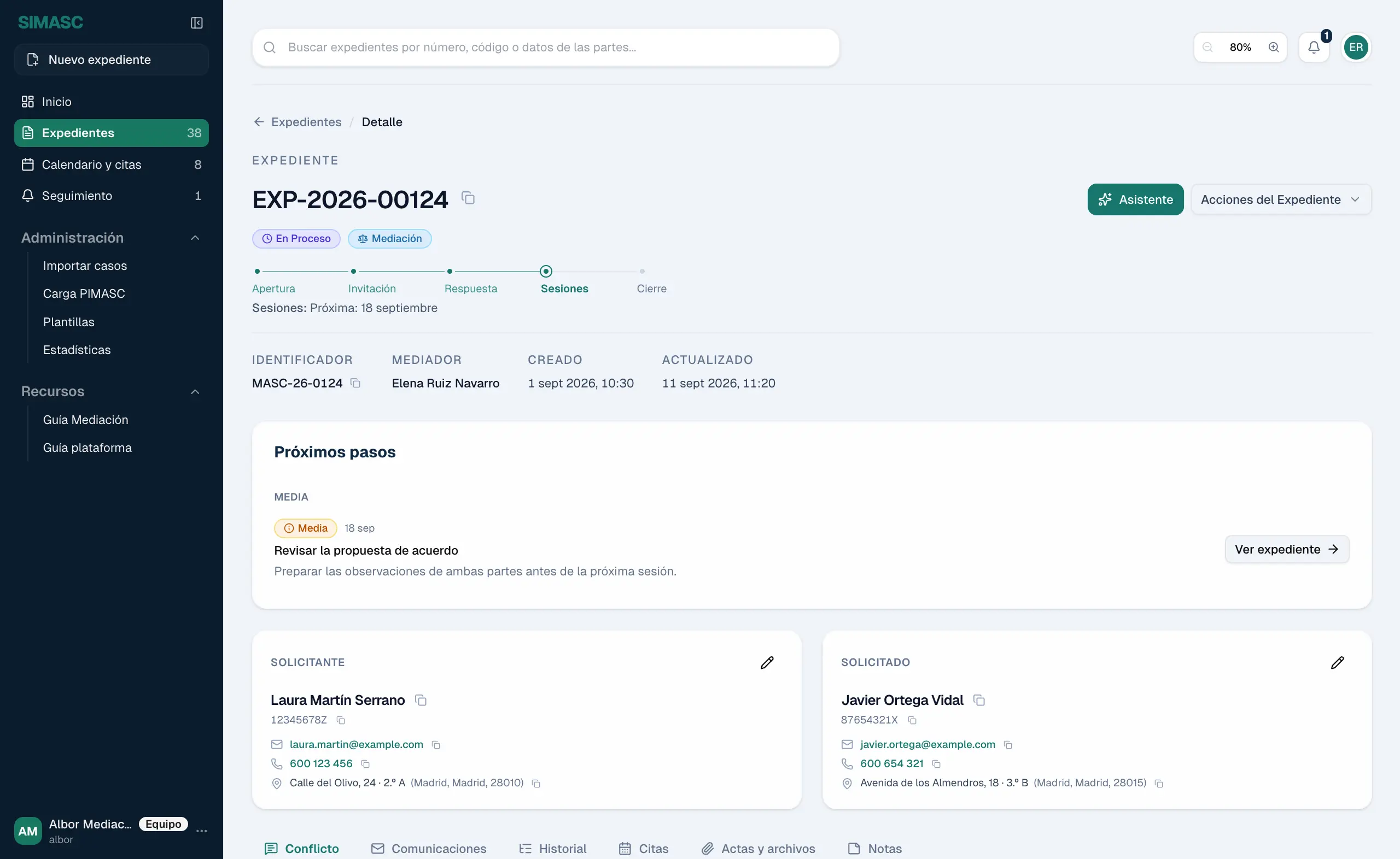 Ejemplo de un expediente de mediación en SIMASC con datos ficticios